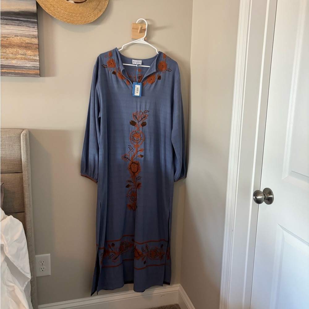 Mi Golondrina Blue Maxi Dress with Rust Embroidery